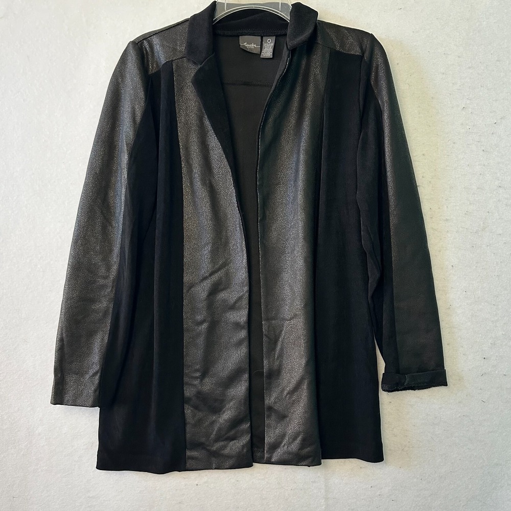 Chicos Travelers Black Faux Leather Mixed Media Open Front Jacket Size 0 Small